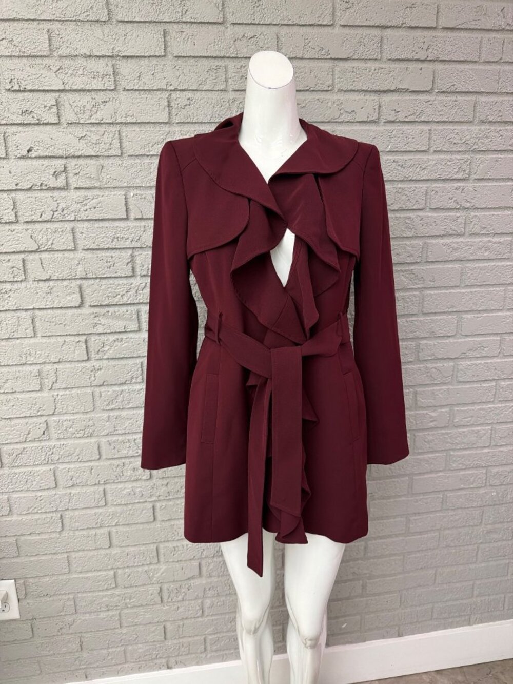 Nine West Women’s Burgundy Ruffle Tie-Waist Statement Trench Jacket Size 4